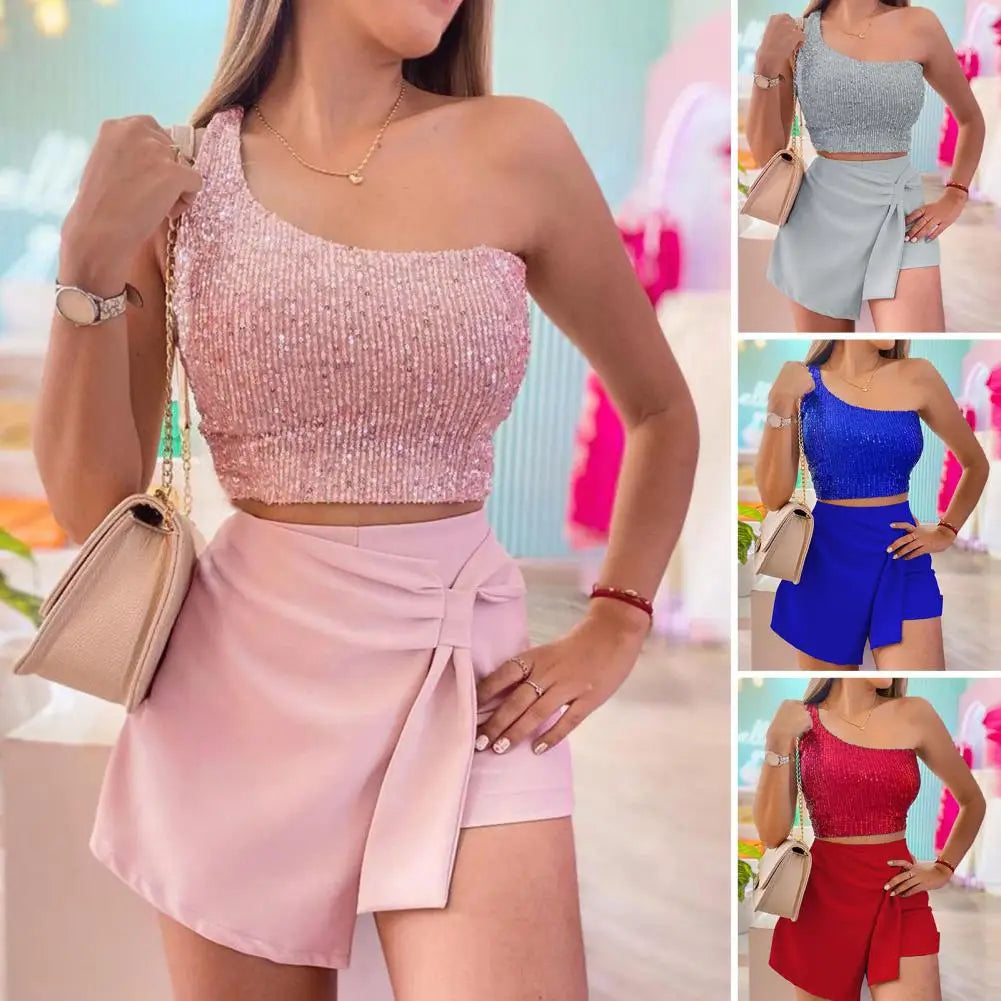 2Pcs/Set Stylish Summer Outfit Soft Dressing Up Elastic Women Sequins Crop Top High Waist Shorts Set