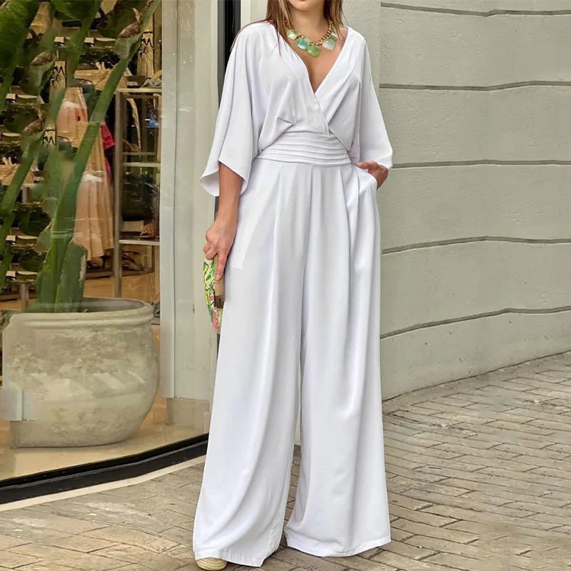 Temperament Elegant V-neck Women Jumpsuit Bat Sleeve Wide Leg Solid Color Simple Fashion Jumpsuit Loose Commuter Women Clothing