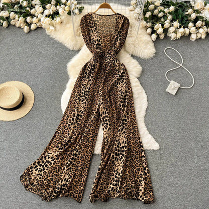 Summer Leopard Print Sleeveless Jumpsuit Women Casual Loose Rompers And Playsuits Wide Leg Pants Overalls Female Outfit