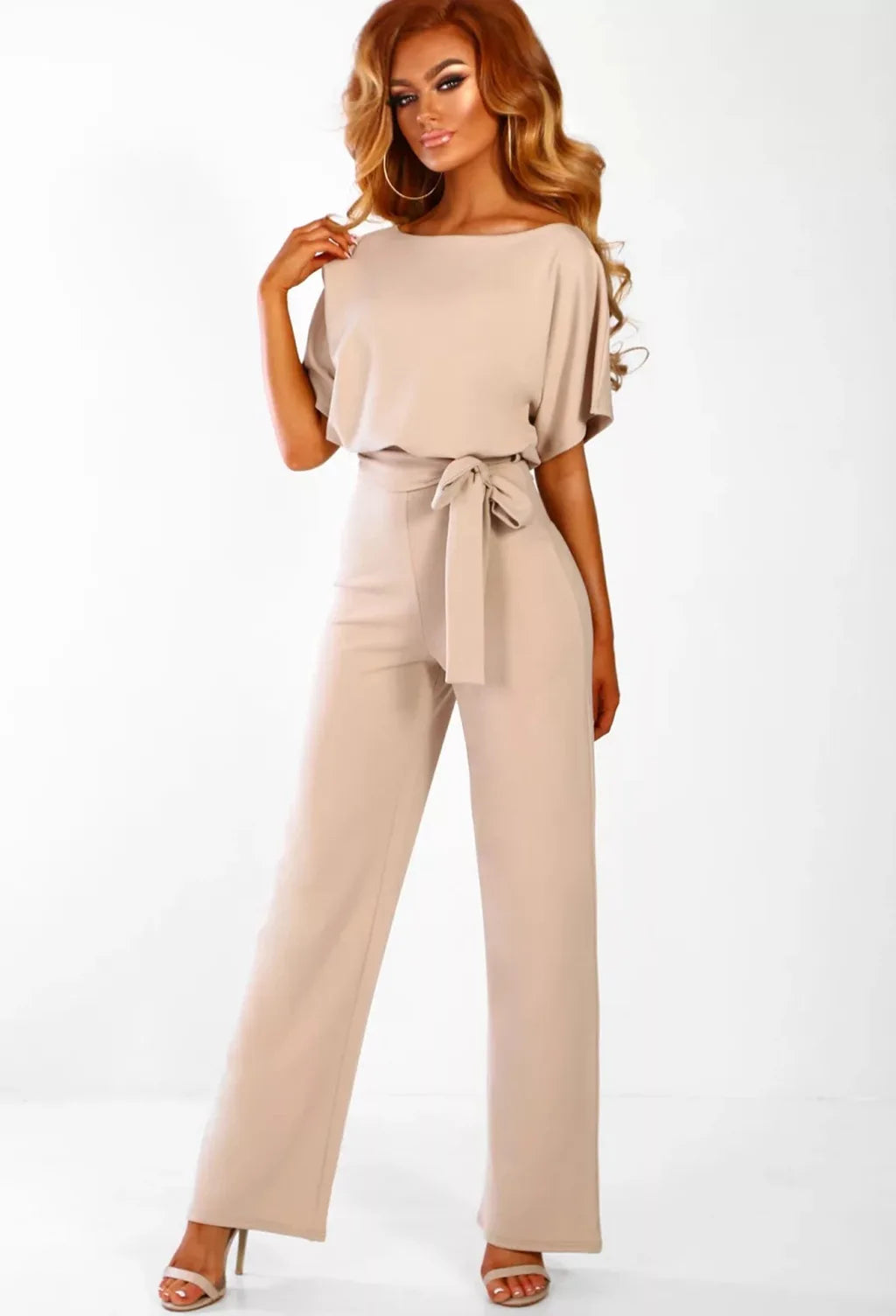 Women Jumpsuit Elegant Short Sleeve Hollowed Waist Tie Solid Summer Wide Leg Pants Bodysuit Overalls Wide Leg Cropped Pants