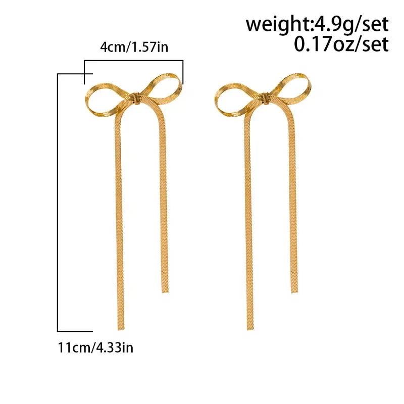 Trendy Gold Color Long Bowknot Tassels Drop Earrings for Women Girls Flat Snake Chain Bow Stud Geometric Ear Lightweight Jewelry