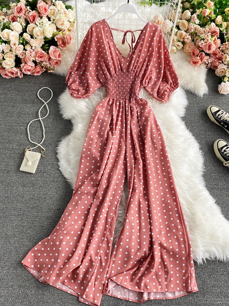 Autumn Sexy Polka Dot Romper Women Elegant V-Neck Puff Short Sleeve High Waist Jumpsuit Female Loose Wide Leg Playsuits Fashion