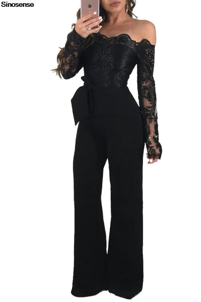 Womens Elegant Off Shoulder Long Pants Wide Leg Jumpsuits Floral Embroidery Lace See Through Cocktail Club Party Evening Rompers