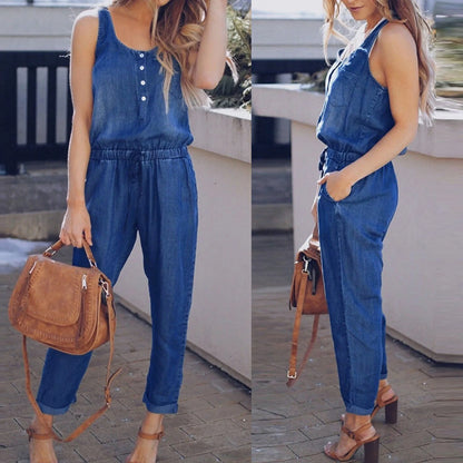 Women Casual Sleeveless Tank Jumpsuit Demin Jeans Beach Strappy Button Rompers With Pockets Jumpsuit Bodysuit Long Sleeve Women