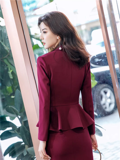 Women Red Blazer Slim Spring Autumn New Elegant Office Lady  Work Suit Ruffled Double Breasted Blazer Solid Dushicolorful