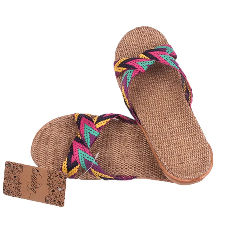 2024 Fashion Flax Home Slippers Indoor Floor Shoes Cross Belt Silent Sweat Slippers For Summer Women Sandals