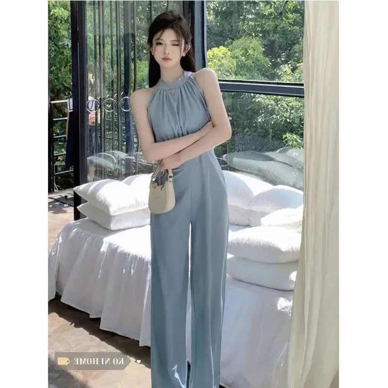 2024 Summer New Style Body Suits For Women Romper Solid Color Hanging Neck Off Shoulder High Waist Slim Jumpsuits Wide Leg Pants