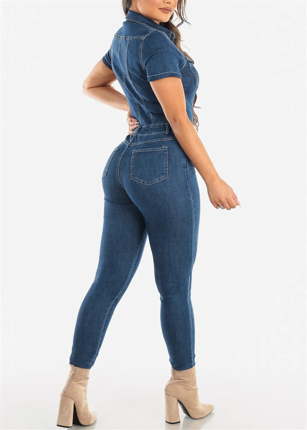 Jeans Stretch Jumpsuit Sexy Women Turn Down Collar Skinny Blue Denim Casual Overalls Rompers