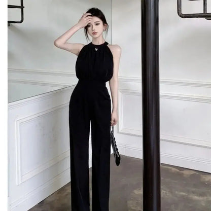 2024 Summer New Style Body Suits For Women Romper Solid Color Hanging Neck Off Shoulder High Waist Slim Jumpsuits Wide Leg Pants