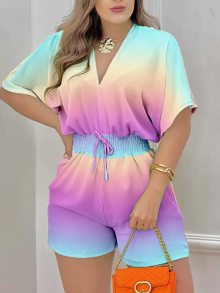 Elegant Women Summer Jumpsuit Casual Short Sleeve V Neck Lace-up Print Romper Jumpsuit Shorts Women&