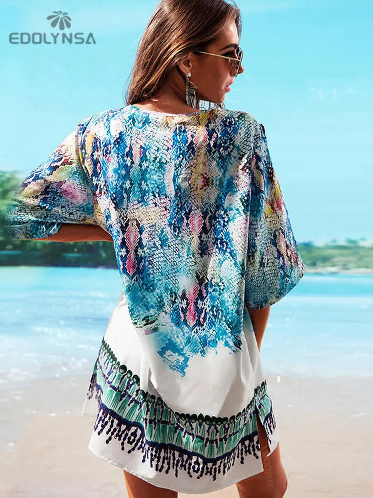 New Arrivals Beach Caftan Swimsuit Cover up Print Chiffon Pareo Women Robe Plage Swimwear Dress Sexy Sarong Beach Tunic 