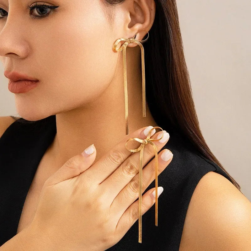 Trendy Gold Color Long Bowknot Tassels Drop Earrings for Women Girls Flat Snake Chain Bow Stud Geometric Ear Lightweight Jewelry