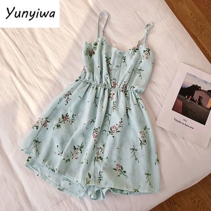 Sleeveless Floral Women Jumpsuits Summer Beach Wide Leg Overalls Fashion Korean Playsuits Bohemian Print Strap Rompers 150