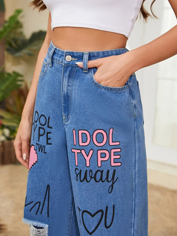 Women Streetwear Wide Leg Baggy Ripped Graffiti Jeans Lady Y2K Loose Hole Denim Blue Pants Punk Straight Leg Heart Trousers