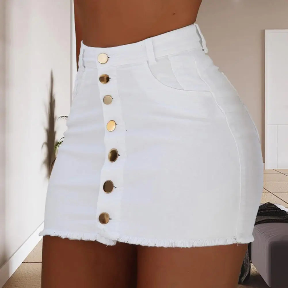 Women High Waist Denim Skirt Buttons Fly Pockets Design Hip Wrapped Mini Skinny Skirt Streetwear