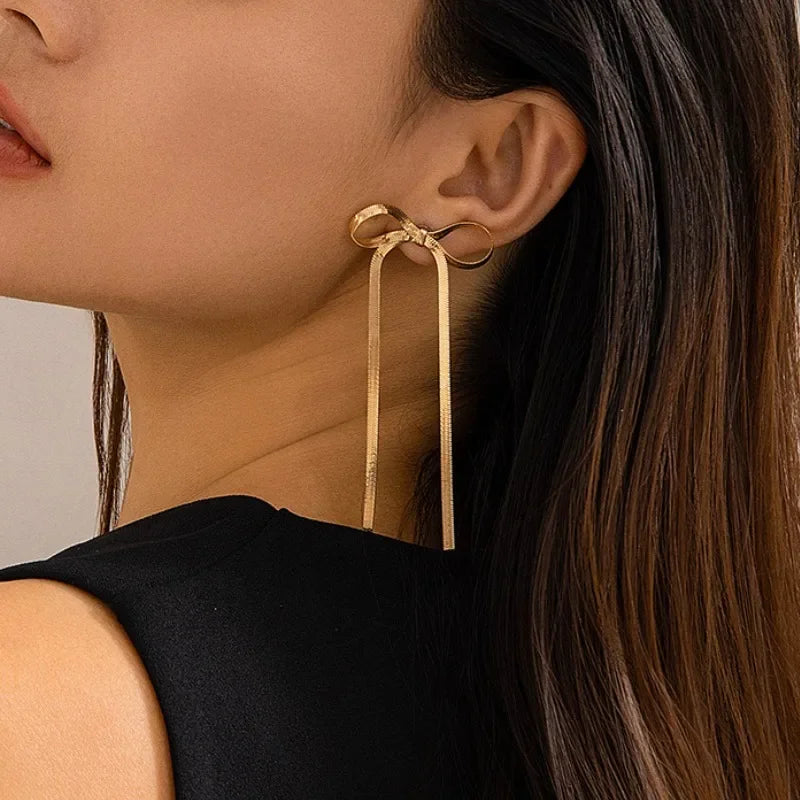 Trendy Gold Color Long Bowknot Tassels Drop Earrings for Women Girls Flat Snake Chain Bow Stud Geometric Ear Lightweight Jewelry