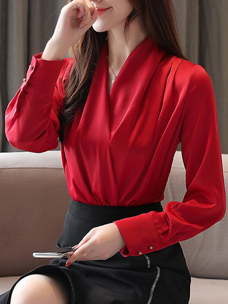 Deep V-neck Satin Blouses Women Chiffon Shirts Solid Elegant Female Office Lady Tops White Red Ladies Clothes Long Sleeve 2022