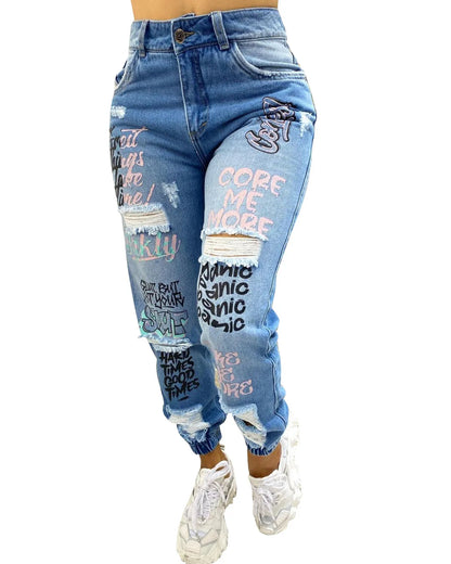 Women Denim Jeans Ankle Length Print Holes Pencil Pants Pockets Washing Slim Basics Zipper Fly Spring Flat Slight Strech