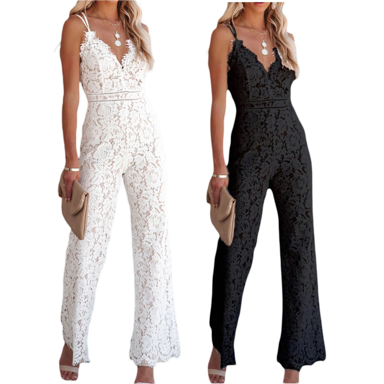 Women Elegant Jumpsuit Spaghetti Straps V Neck Solid Color Lace Open Back OnePiece Wide-leg Jumpsuits Long Playsuit