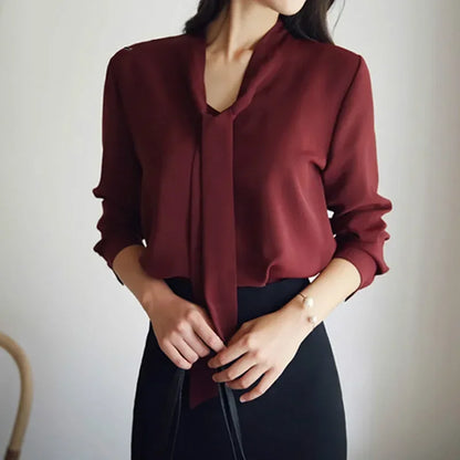 Long Sleeve Bow Tie Shirt Spring and Autumn New Fashion Women Clothing Loose Chiffon Shirt Women&