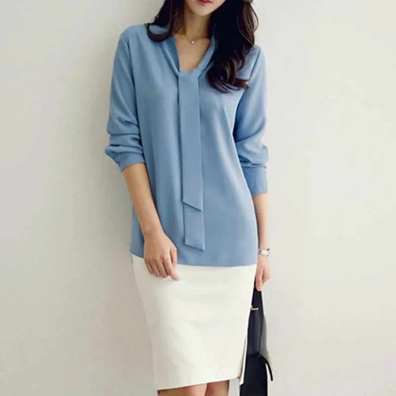 Long Sleeve Bow Tie Shirt Spring and Autumn New Fashion Women Clothing Loose Chiffon Shirt Women&