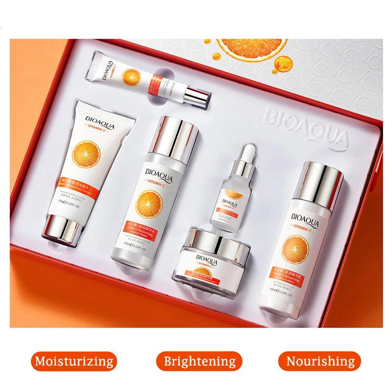 6pcs/set BIOAQUA Vitamin C Skin Care Sets Moisturizing Hydrating Anti-aging Eye Face Cream Serum Facial Cleanser skincare Set