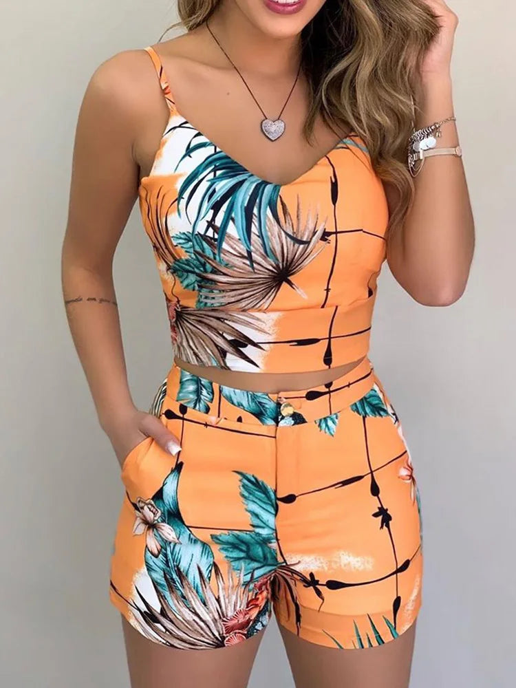 Print Spaghetti Strap Crop Top &amp; Short Sets Casual Summer 2 Piece Outfits for Women