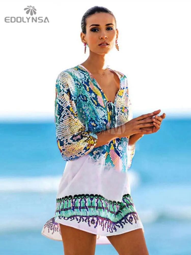 New Arrivals Beach Caftan Swimsuit Cover up Print Chiffon Pareo Women Robe Plage Swimwear Dress Sexy Sarong Beach Tunic 