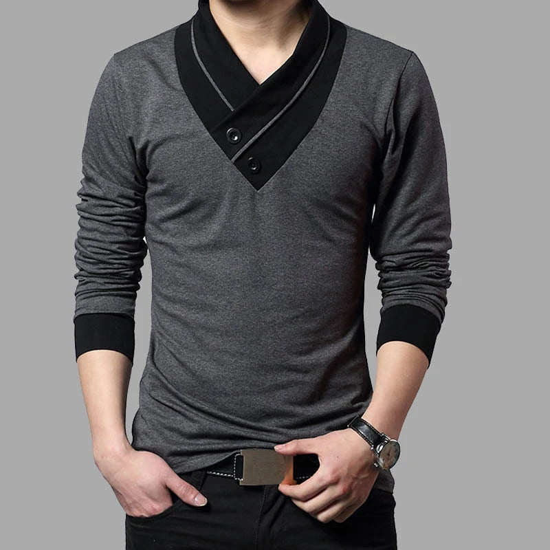 2024 Fashion Brand Trend Slim Fit Long Sleeve T Shirt Men Patchwork Collar Tee V-Neck Men T-Shirt Cotton T Shirts Plus Size 5XL