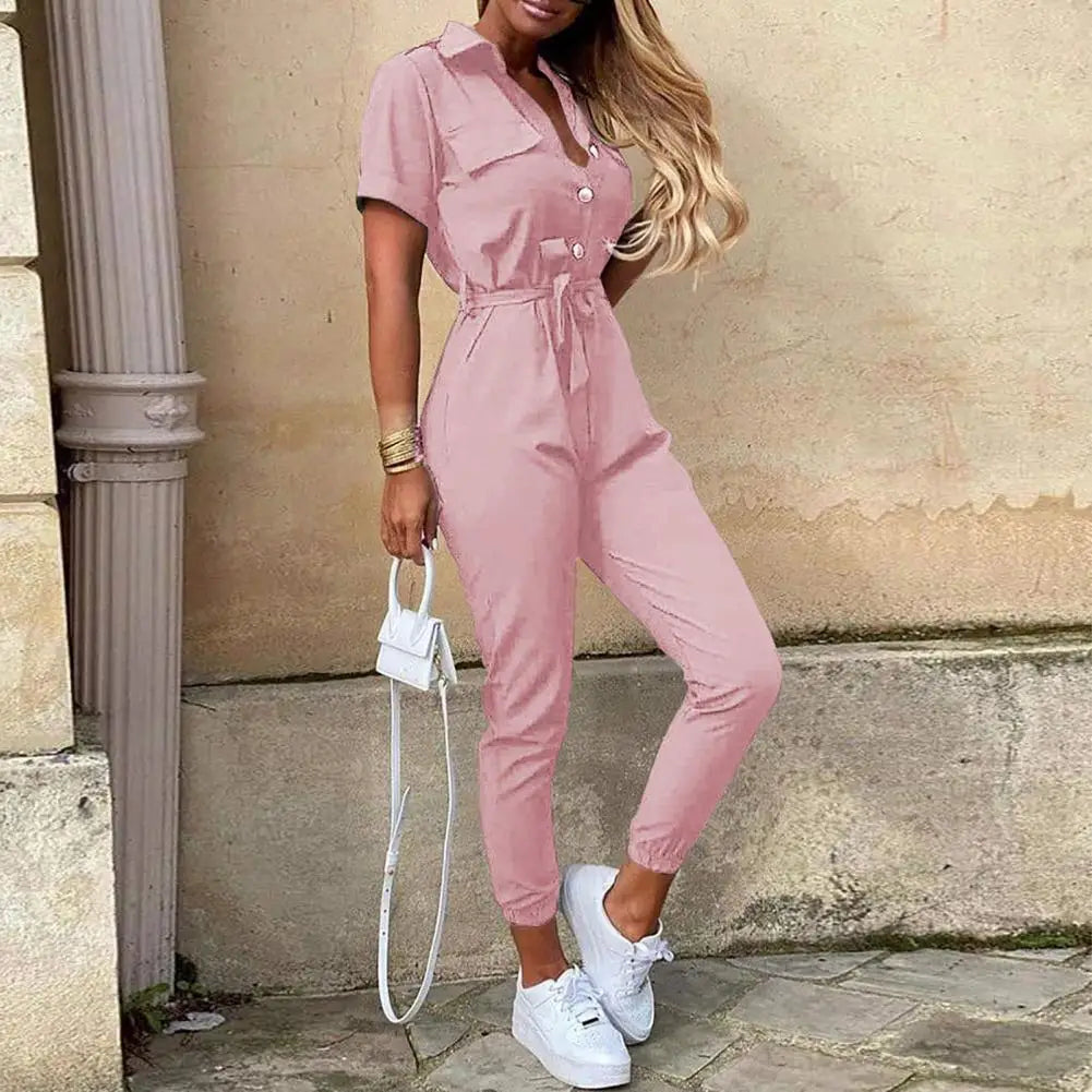 Lady Jumpsuit Belted Lapel Short Sleeve Women Jumpsuit Button Down Elastic Leg Opening Comfortable Summer Casual Jumpsuit