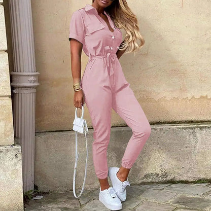 Lady Jumpsuit Belted Lapel Short Sleeve Women Jumpsuit Button Down Elastic Leg Opening Comfortable Summer Casual Jumpsuit