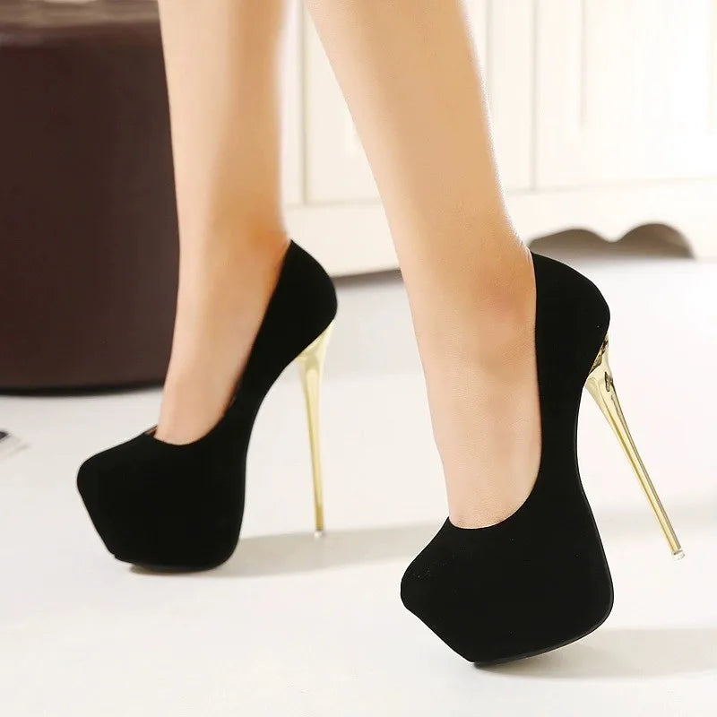 Sexy Club Suede Womens Black High Heels 16cm Stiletto Shoe Female Waterproof Stripper Flock Pumps Ladies Shoes Plus Size