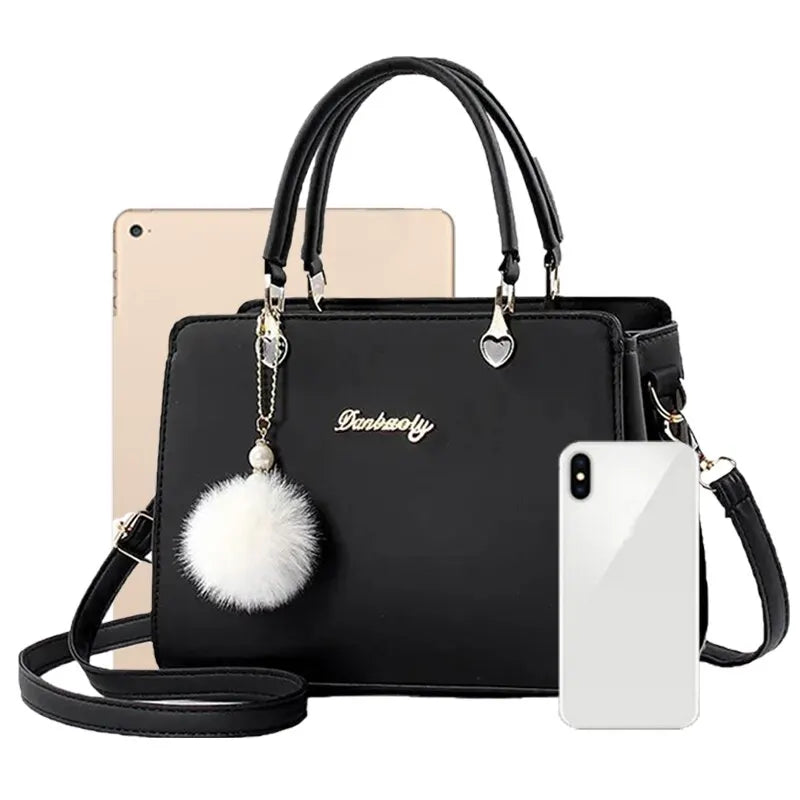 Women Plush Ball Decor Handbag Fashion Satchel Bag Stylish Purse and Tote Bag PU Leather Top Handle Shoulder Bags