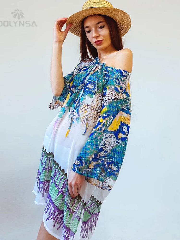 New Arrivals Beach Caftan Swimsuit Cover up Print Chiffon Pareo Women Robe Plage Swimwear Dress Sexy Sarong Beach Tunic 