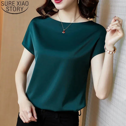 Office Lady Tops Summer Short Sleeve Blouses Satin Blouse Women Shirts Fashion Simple Solid Casual Loose Shirt Blusas 13377