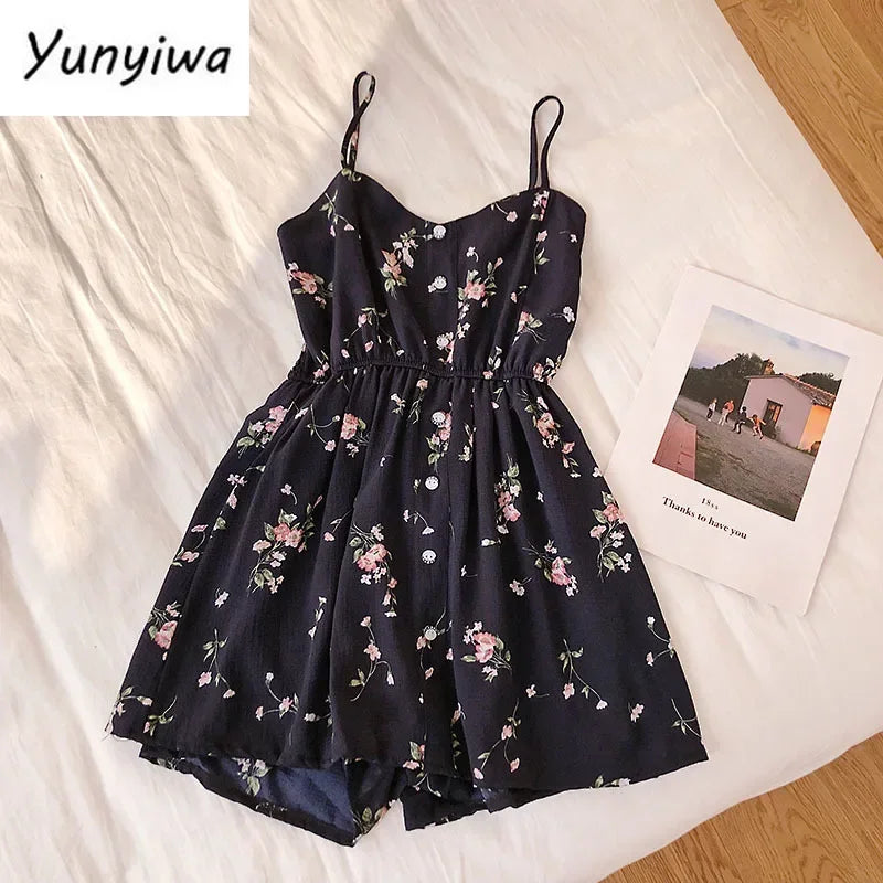 Sleeveless Floral Women Jumpsuits Summer Beach Wide Leg Overalls Fashion Korean Playsuits Bohemian Print Strap Rompers 150