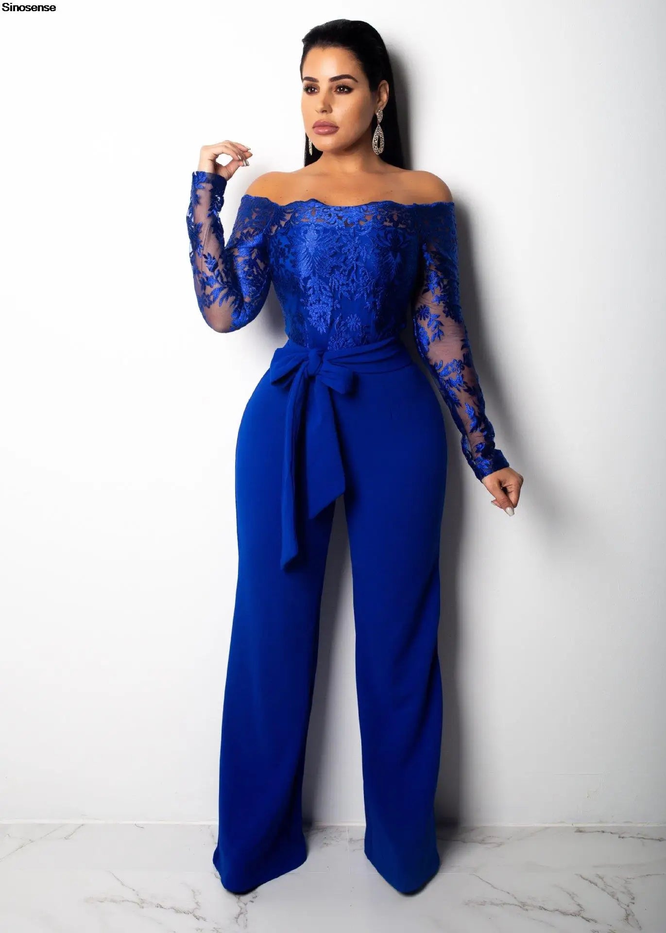 Womens Elegant Off Shoulder Long Pants Wide Leg Jumpsuits Floral Embroidery Lace See Through Cocktail Club Party Evening Rompers