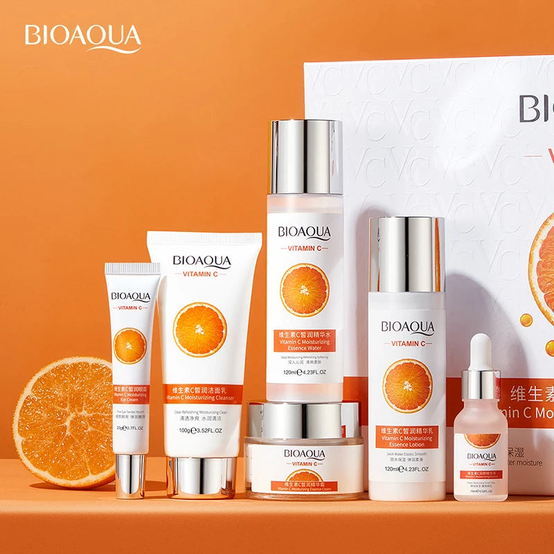 6pcs/set BIOAQUA Vitamin C Skin Care Sets Moisturizing Hydrating Anti-aging Eye Face Cream Serum Facial Cleanser skincare Set