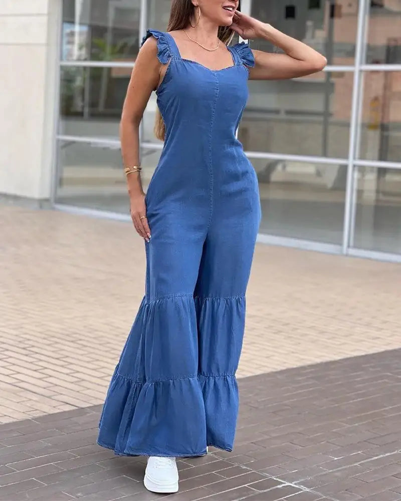 Women Solid Elegant Flying Sleeves Flare Pants Sexy Denim Pants Jumpsuit