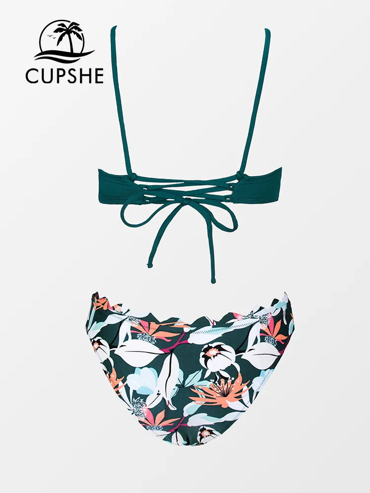 CUPSHE Cute Scalloped Back Tie Bikini Sets For Women Sexy Solid Low Waist Two Pieces Swimsuit 2023 Beach Bathing Suits Swimwear