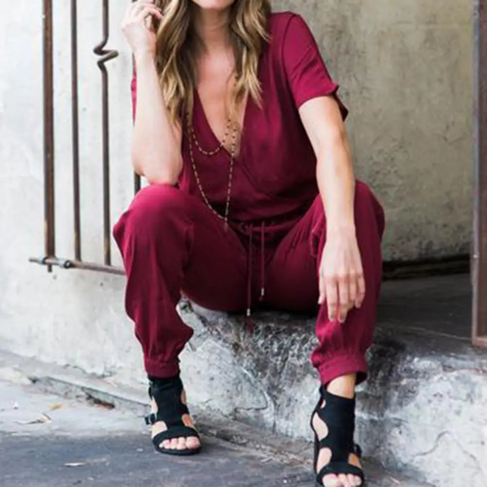 Stylish Jumpsuit Ankle Length Summer Romper Simple Elastic Waist Short Sleeves Summer Jumpsuit  Elegant