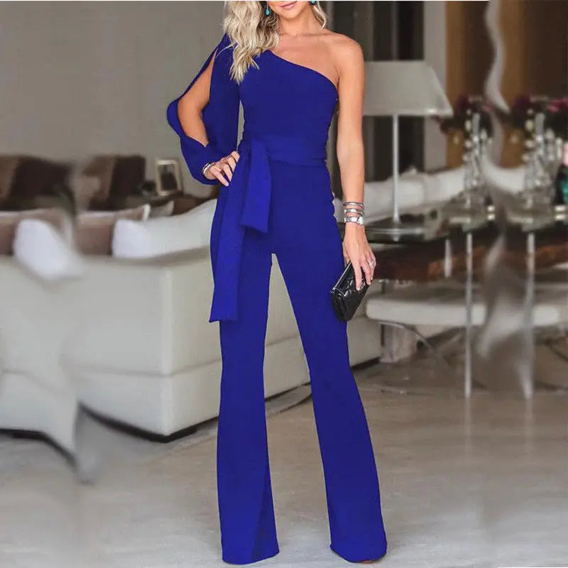 Ladies Elegant Jumpsuit  Spaghetti Straps V-Neck Solid Embroidered Lace Open Back Wide Leg Jumpsuit Long Jumpsuit Black White