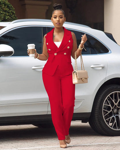 Women Summer Sleeveless Notch Neck Blazers Long Pants Suit Two Piece Set Vintage Office Lady Tracksuit Outfit Overall