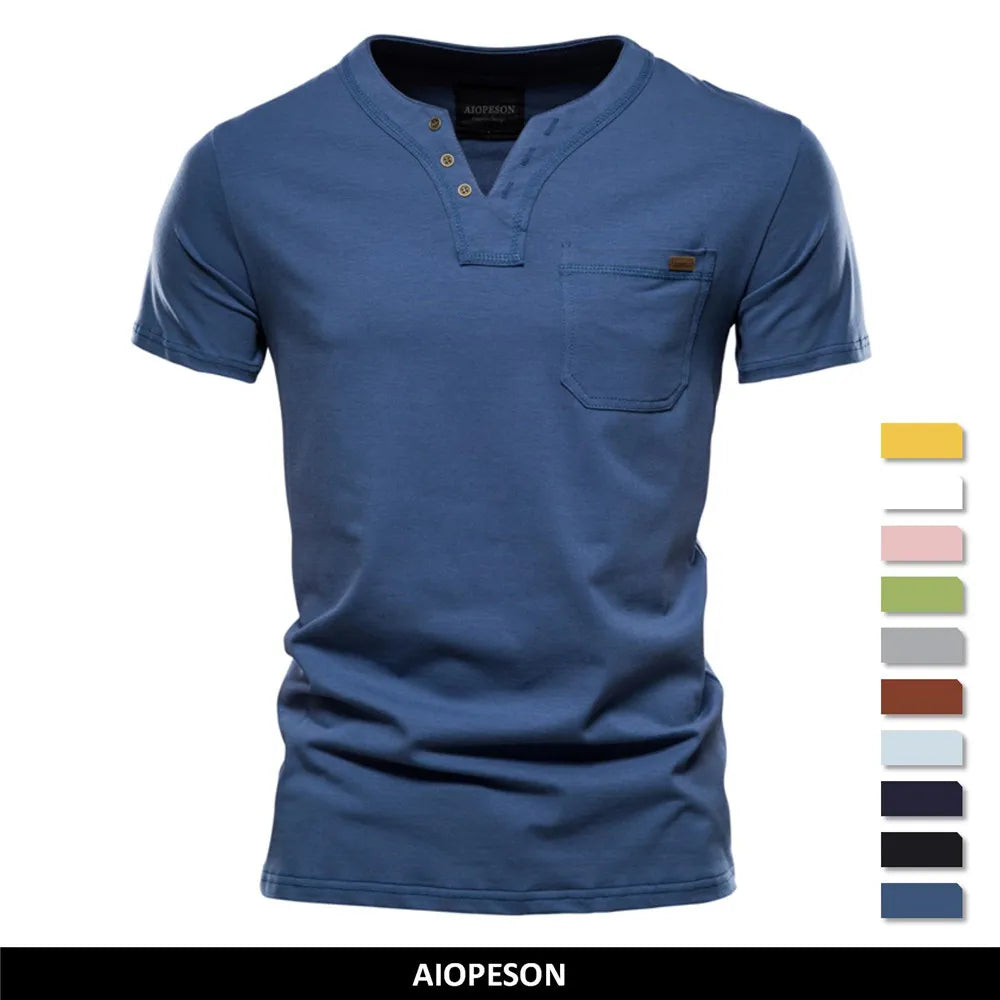 Quality Cotton T Shirt Men Solid Color Design V-neck T-shirt Casual Classic Men&