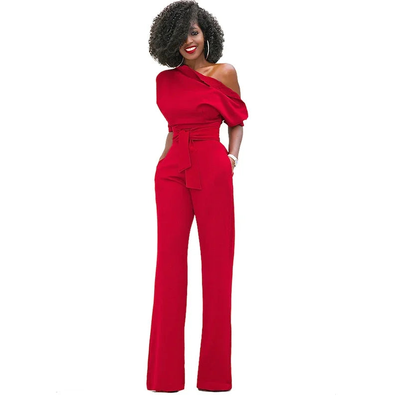 High Quality Casual Jumpsuit One Shoulder Slash Neck Button Romper Full Length Jumpsuit Wide Legs Jumpsuit