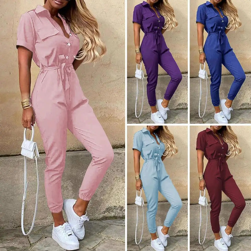 Lady Jumpsuit Belted Lapel Short Sleeve Women Jumpsuit Button Down Elastic Leg Opening Comfortable Summer Casual Jumpsuit