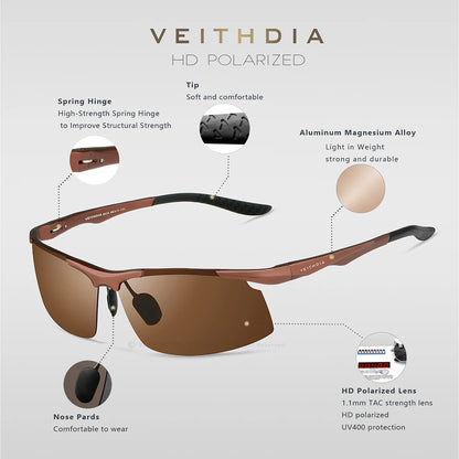 VEITHDIA Sunglasses Aluminum Men Polarized UV400 Lens Rectangle Rimless Driving Fishing Sun Glasses Sports Eyewear For Male 6535