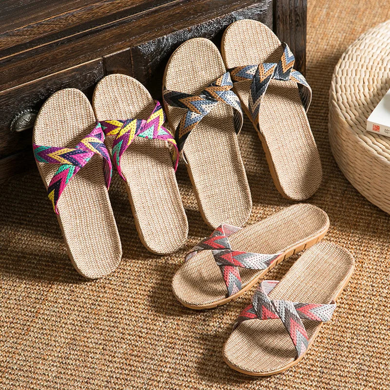 Mntrerm New Candy Color Flax Home Slippers Striped Cut-outs Summer Indoor Slippers Flats Soft Cool Women Linen Slipper