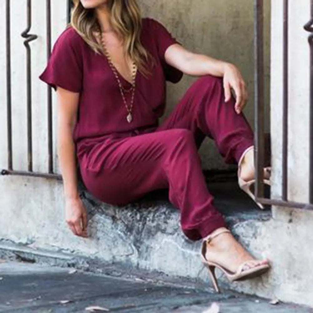 Stylish Jumpsuit Ankle Length Summer Romper Simple Elastic Waist Short Sleeves Summer Jumpsuit  Elegant