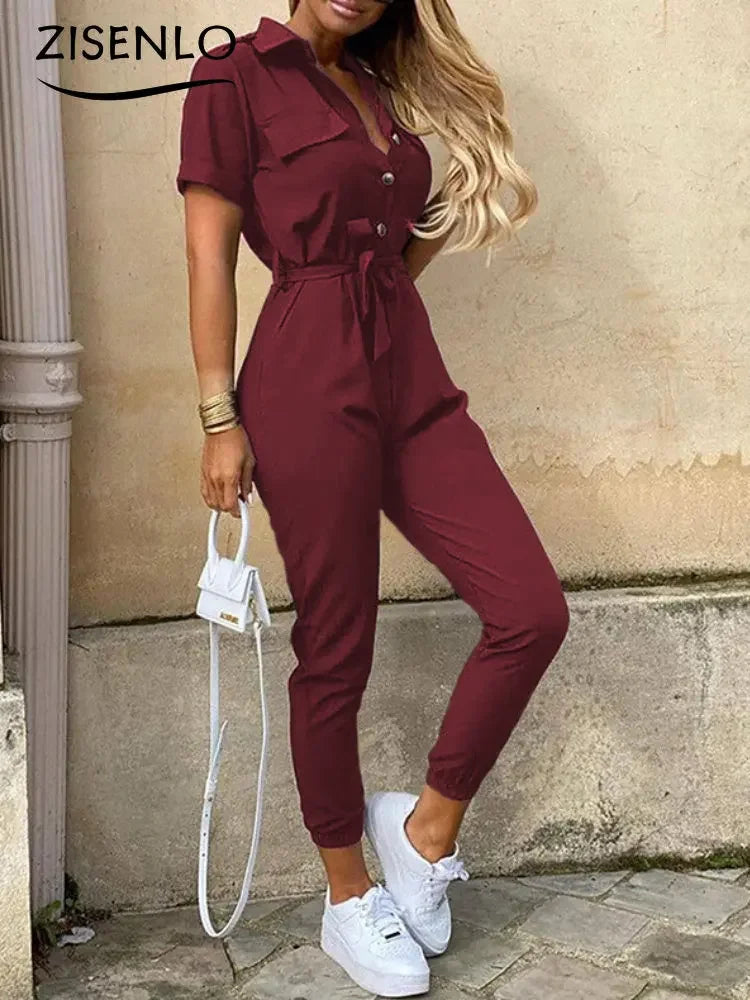 Overalls for Women Casual Lapel Lace-up Print Belt Work Jumpsuit Women One Pieces Bodysuit Women Chic and Elegant Long Jumpsuits